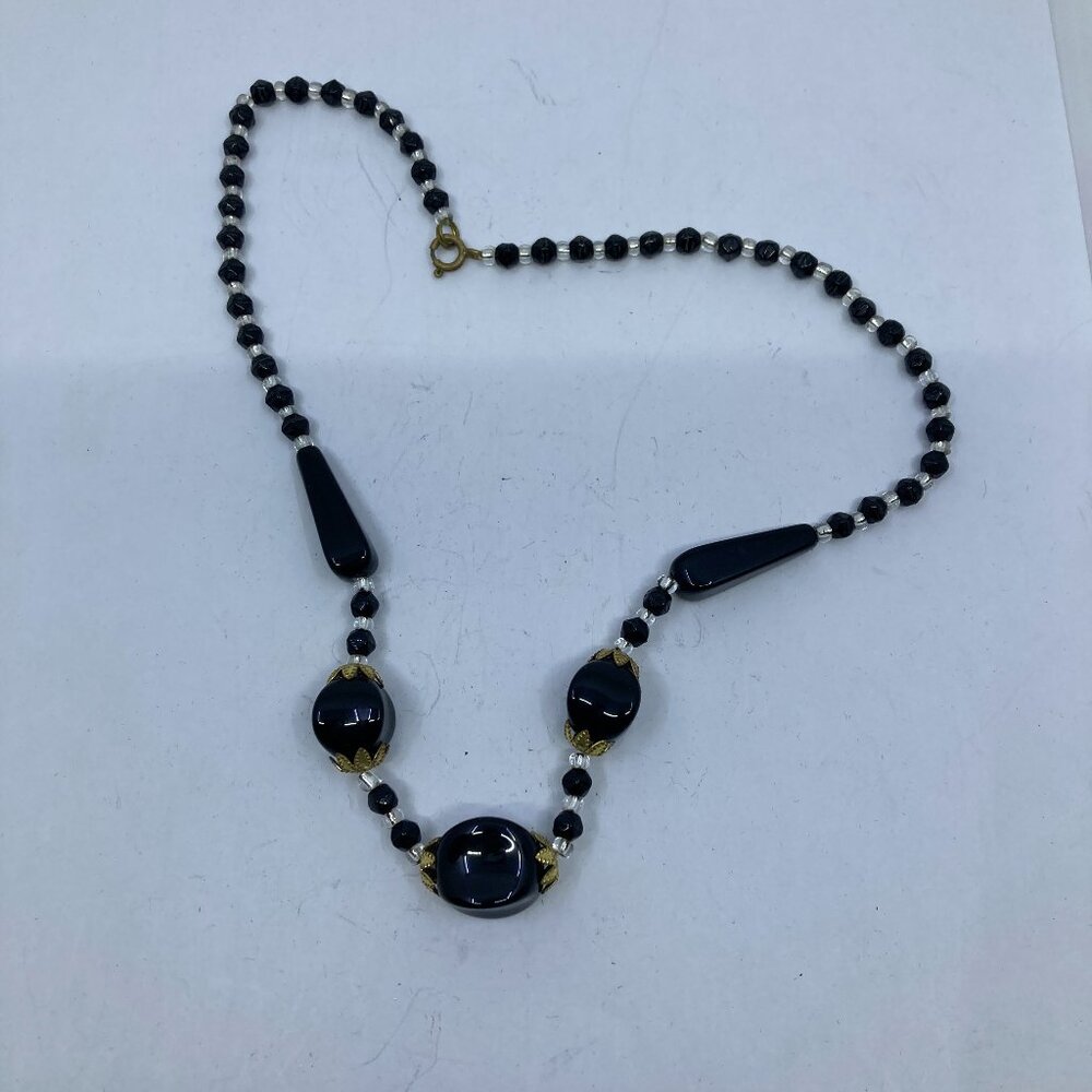 Vtg 1940 LOUIS ROUSSELET FRANCE ? moulded glass beads art deco mourning necklace
